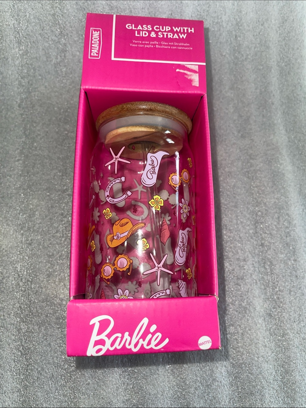 Barbie Clear Glass Tumbler with Pink & Yellow Beach Icons